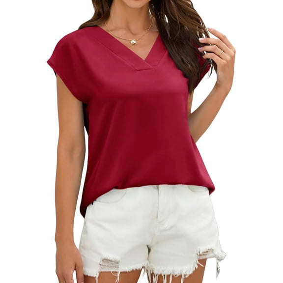 Women V Neck Chiffon Blouses Cap Sleeve Shirts Casual Loose Work Office Solid Tops