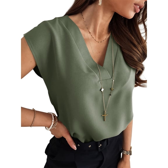 Women's V Neck Chiffon Blouses Cap Sleeve Shirts Casual Loose Work Office Solid Tops