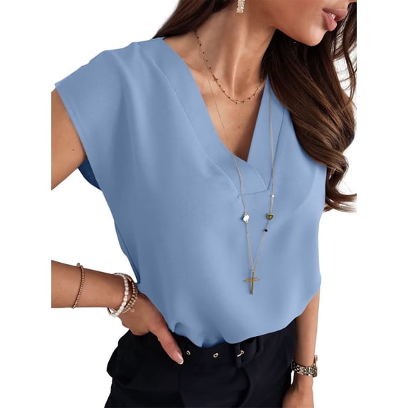 Women's V Neck Chiffon Blouses Cap Sleeve Shirts Casual Loose Work Office Solid Tops