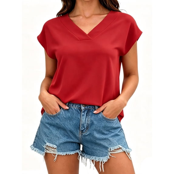 Women V Neck Chiffon Blouses Cap Sleeve Shirts Casual Loose Work Office Solid Tops