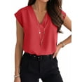 thumbnail image 1 of Women's V Neck Chiffon Blouses Cap Sleeve Shirts Casual Loose Work Office Solid Tops, 1 of 4