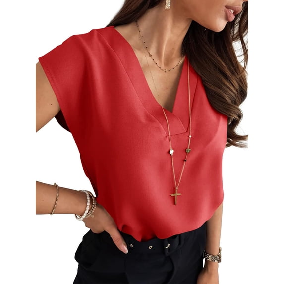Women's V Neck Chiffon Blouses Cap Sleeve Shirts Casual Loose Work Office Solid Tops