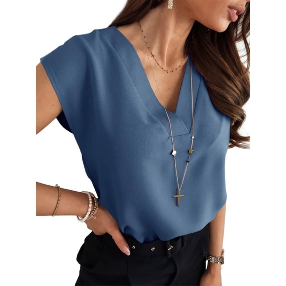 Women's V Neck Chiffon Blouses Cap Sleeve Shirts Casual Loose Work Office Solid Tops