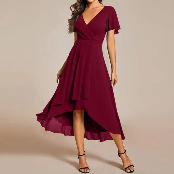 Women's V Neck Chiffon Midi Dress Ruffle Short Sleeves High Low Hem Elegant Wedding Guest Party Cocktail Dress 14-Wine M