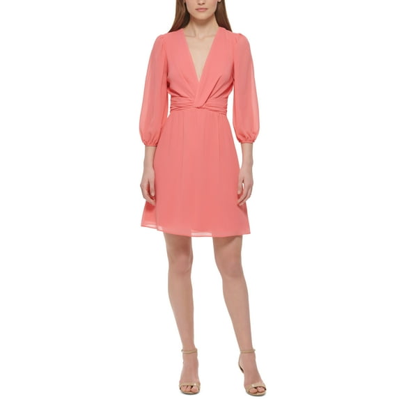 Women's V-Neck Chiffon Twist-Front Dress Med Pink 12