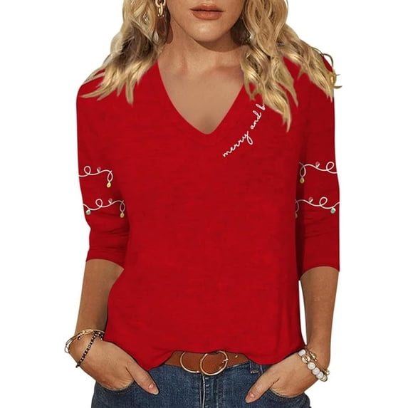 Women's V-Neck Christmas T-Shirt Winter 3/4 Sleeve Christmas Light Graphic Tees Tops Small