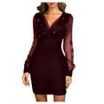thumbnail image 1 of Women's V Neck Cocktail Mini Dress Mesh Sheer Lantern Long Sleeve Pearls Decor High Waist Bodycon Short Gowns, 1 of 4