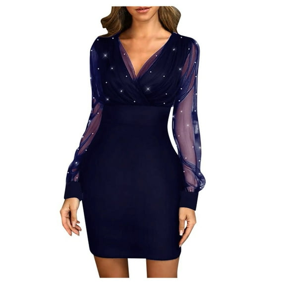 Women's V Neck Cocktail Mini Dress Mesh Sheer Lantern Long Sleeve Pearls Decor High Waist Bodycon Short Gowns