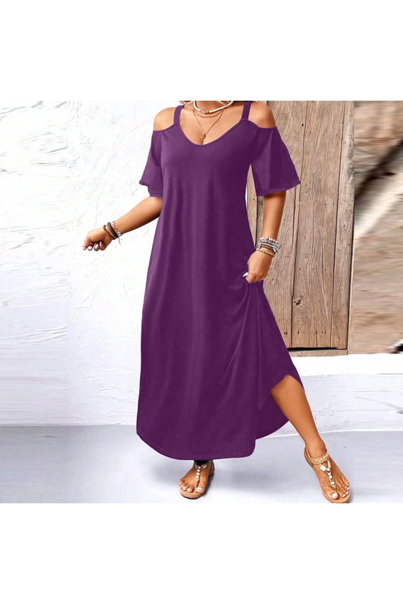 Women's V-Neck Cold-Shoulder Short Sleeve Solid Color Casual Maxi Dress