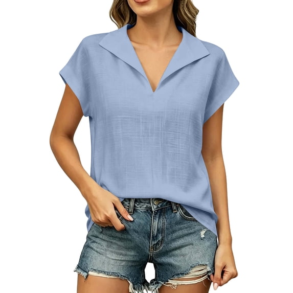 Women's V-Neck Collared Blouse, Cap Sleeve Casual Top, Breathable Lightweight Shirt for Summer, Vacation, Beach Blue XXL(XXL)