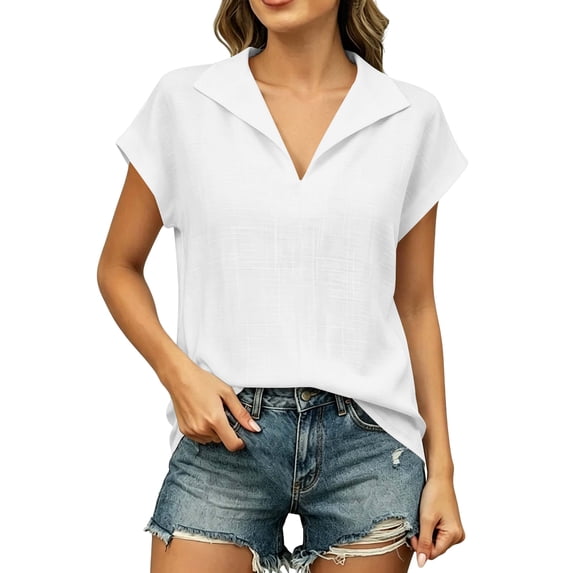 Women's V-Neck Collared Blouse, Cap Sleeve Casual Top, Breathable Lightweight Shirt for Summer, Vacation, Beach White XL(XL)