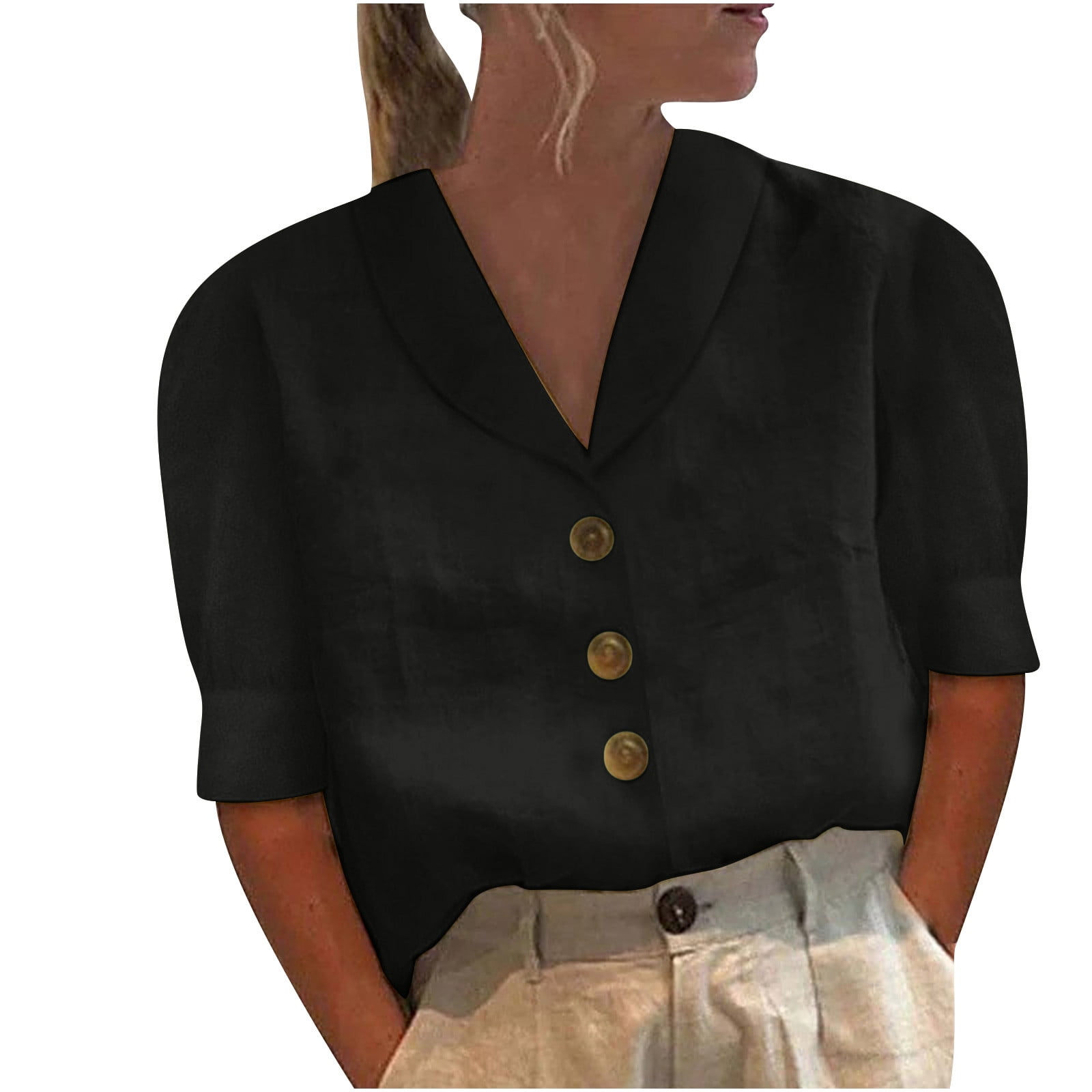 Vrtige Women's V Neck Short Sleeve Blouse - Casual Button Down Work Shirt