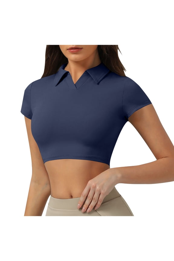 Women's V Neck Collared Shirt Summer Slim Fit Workout Short Sleeve Crop Tops Casual Trendy Solid Color Blouses (XL, Dark Blue)