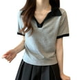 thumbnail image 1 of Women's V Neck Collared Tops Colorblock Casual Trendy Tshirts Blouses Loose Fit Short Sleeve Summer Clothes (M, Gray), 1 of 5