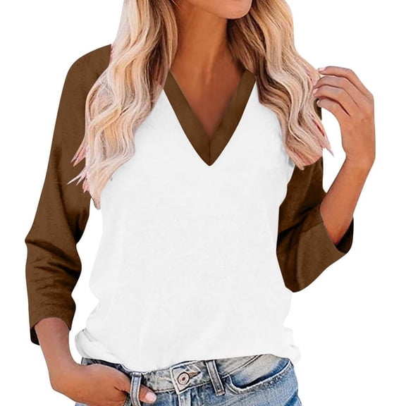 Women's V-Neck Color Block Raglan Sleeve T-Shirt Breathable Casual Loose Fit Tops for Daily Wear Travel Holiday Fall Winter Fashion Comfortable Blouse Brown S