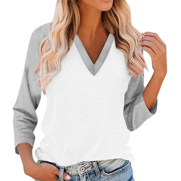 Women's V-Neck Color Block Raglan Sleeve T-Shirt Breathable Casual Loose Fit Tops for Daily Wear Travel Holiday Fall Winter Fashion Comfortable Blouse Light Ashy S