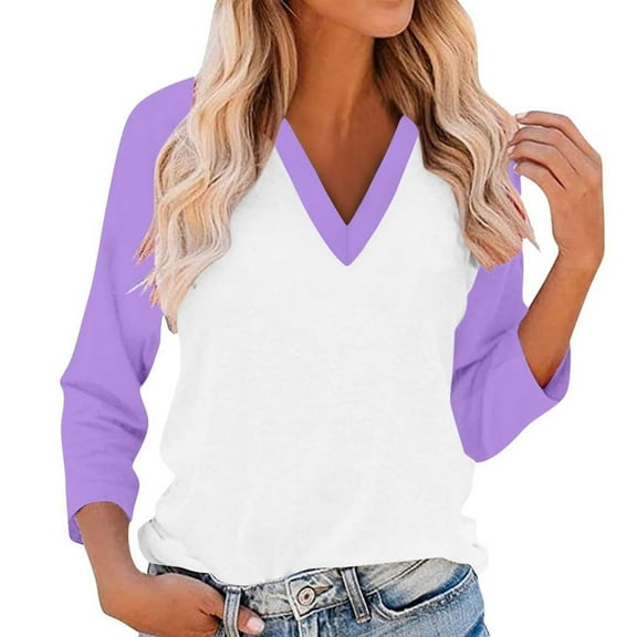 Women's V-Neck Color Block Raglan Sleeve T-Shirt Breathable Casual Loose Fit Tops for Daily Wear Travel Holiday Fall Winter Fashion Comfortable Blouse Light Violet S
