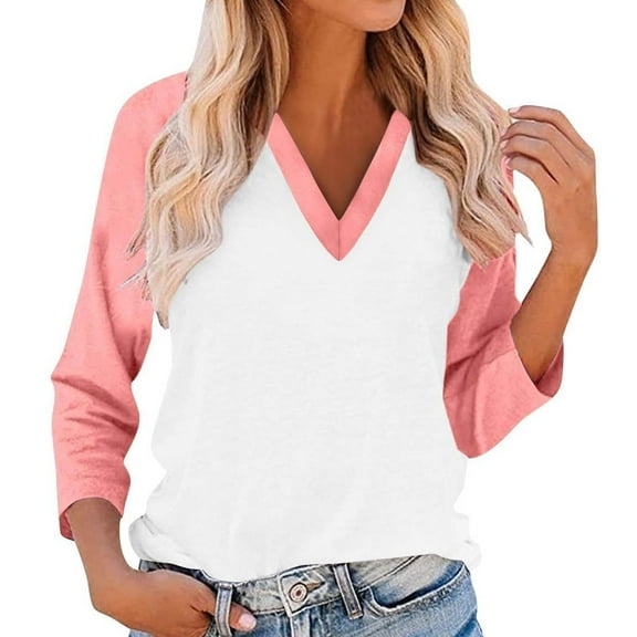 Women's V-Neck Color Block Raglan Sleeve T-Shirt Breathable Casual Loose Fit Tops for Daily Wear Travel Holiday Fall Winter Fashion Comfortable Blouse Pink S