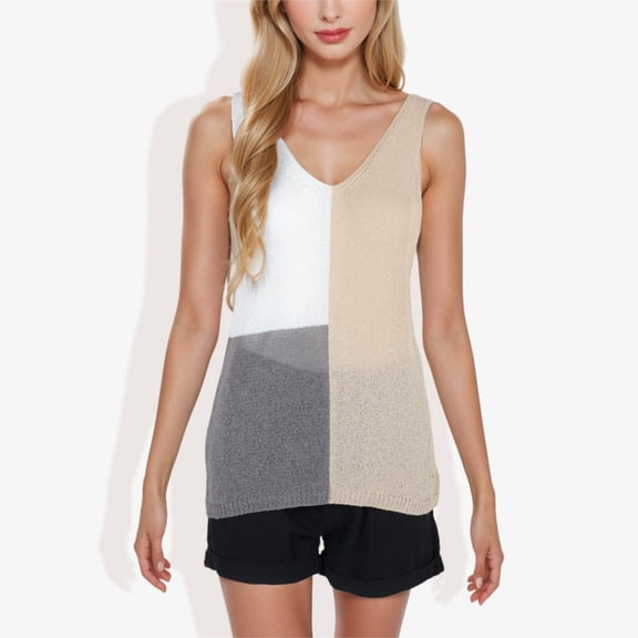Women's V-Neck Color Block Sleeveless Sweater Top Lightweight Knit Design Ideal for Layering or Wearing Alone- Small, Beige