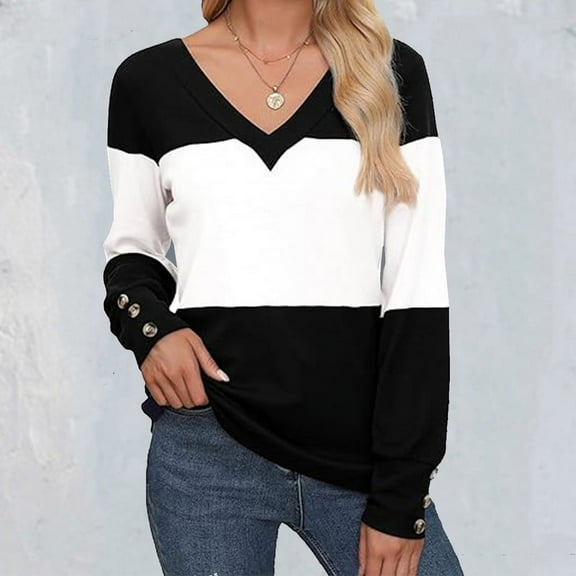 Women's V-Neck Color Matching Long-Sleeved Fashion Blouse, CuffSide Button Decoration, the OverallCasual Loose, Suitable for Spring andAutumn Wear Ladies Blouse.