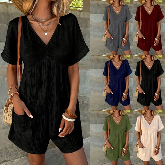 Women's V Neck Cotton Linen Jumpsuit with Pocket, Short Sleeve Back Zipper Romper, Casual Summer Jumpsuit for Beach Vacation, Streetwear and Daily Wear-Green