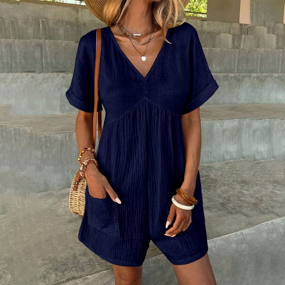 Women's V Neck Cotton Linen Jumpsuit with Pocket, Short Sleeve Back Zipper Romper, Casual Summer Jumpsuit for Beach Vacation, Streetwear and Daily Wear-Navy