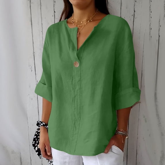 Women's V-Neck Cotton Linen Shirt Top 3/4 Roll-Up Sleeve Summer Casual Loose Solid Blouses Tunic Tops with Button Green L