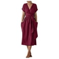 thumbnail image 1 of Women's V Neck Cotton Linen Wrap Midi Dress Short Sleeve Casual Solid Color High Waisted Dresses with Pockets, 1 of 7
