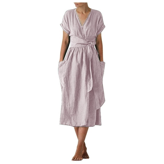 Women's V Neck Cotton Linen Wrap Midi Dress Short Sleeve Casual Solid Color High Waisted Dresses with Pockets