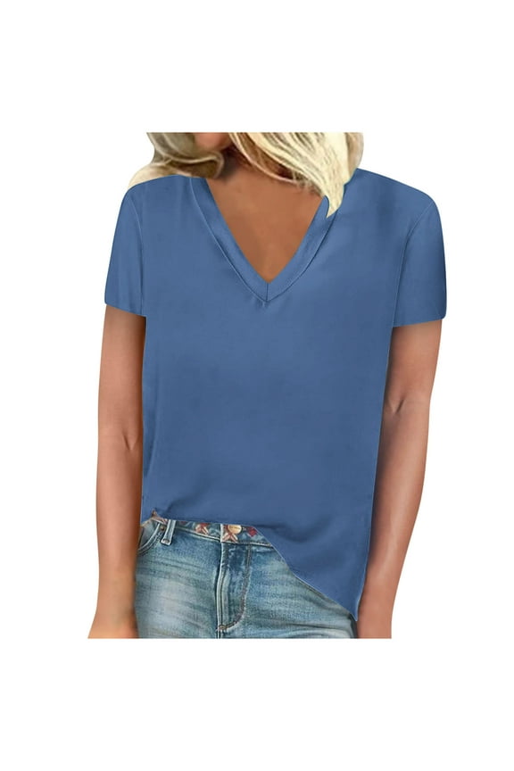 Women's V Neck Cotton T Shirts Color Block Short Sleeve Tops for Women Summer Casual Loose Fit Basic Shirts (Blue 2XL)