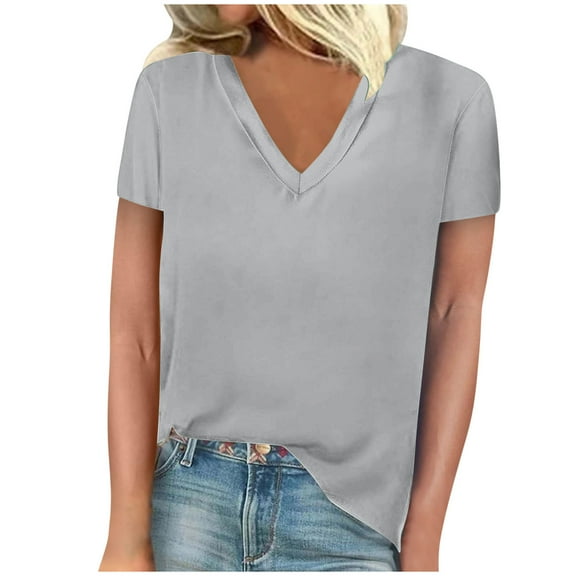 Women's V Neck Cotton T Shirts Color Block Short Sleeve Tops for Women Summer Casual Loose Fit Basic Shirts (Gray M)