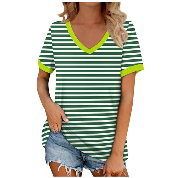 Women's V Neck Cotton T Shirts Color Block Short Sleeve Tops for Women Summer Casual Loose Fit Basic Shirts (Green M)