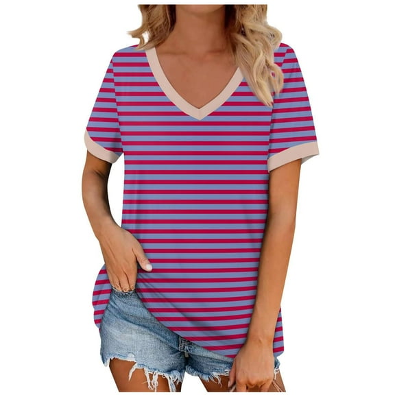 Women's V Neck Cotton T Shirts Color Block Short Sleeve Tops for Women Summer Casual Loose Fit Basic Shirts (Purple XL)