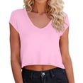 thumbnail image 1 of Women's V-Neck Crop Top, Short Sleeve Casual Solid Color T-Shirt Y2K Tops Travel Outfit Pink XXL, 1 of 6