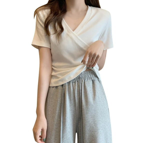 Women's V-Neck Crop Tops 2026 Fashion Short Sleeve T-Shirt Summer Slim Fits Casual Plain Tee ,XL