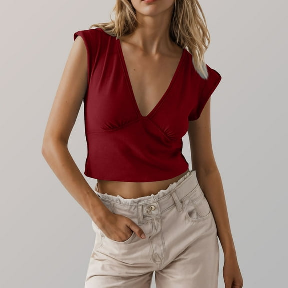 Women's V Neck Crop Tops Soft Casual Trendy Going Out Tank Top Summer Solid Color Cute Tees Blouses (2XL, Wine)