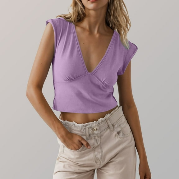 Women's V Neck Crop Tops Soft Casual Trendy Going Out Tank Top Summer Solid Color Cute Tees Blouses (L, Purple)