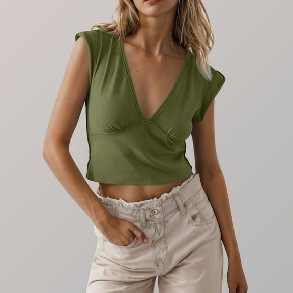 Women's V Neck Crop Tops Soft Casual Trendy Going Out Tank Top Summer Solid Color Cute Tees Blouses (S, Army Green)