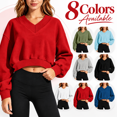 thumbnail image 1 of Women's V-Neck Cropped Sweatshirt, Pullover Long Sleeve Sports Training Tops, Fall Outdoor Loose Fits Tops, 1 of 6