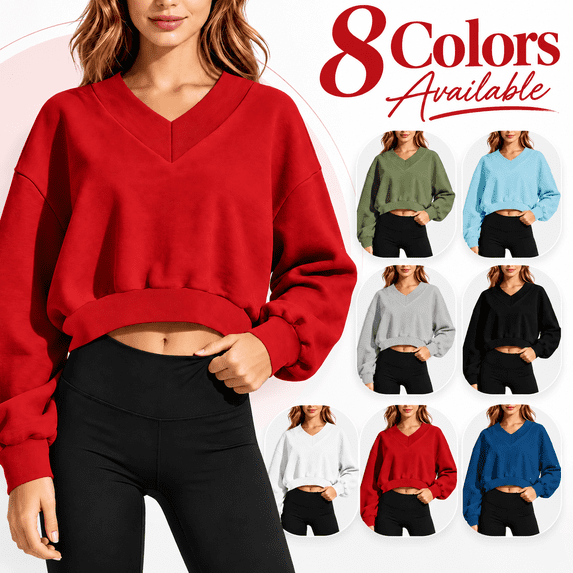 Women's V-Neck Cropped Sweatshirt, Pullover Long Sleeve Sports Training Tops, Fall Outdoor Loose Fits Tops