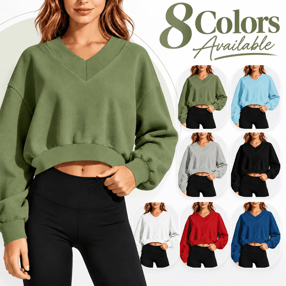 Women's V-Neck Cropped Sweatshirt, Pullover Long Sleeve Sports Training Tops, Fall Outdoor Loose Fits Tops