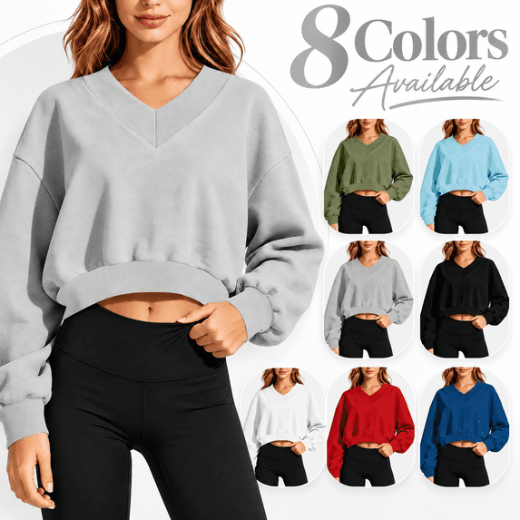 Women's V-Neck Cropped Sweatshirt, Pullover Long Sleeve Sports Training Tops, Fall Outdoor Loose Fits Tops