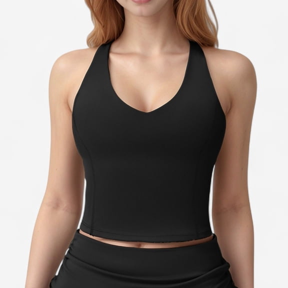 Women's V-Neck Cropped Tank Top with Racer-Inspired Straps and Smooth Contour Fit for Activewear - Medium, Black
