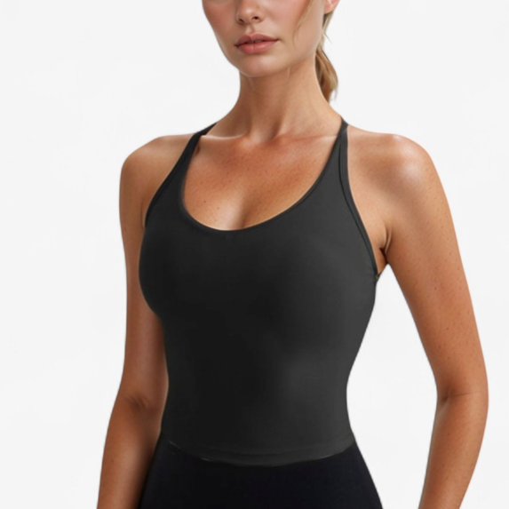 Women's V-Neck Cropped Tank Top with Spaghetti Straps and Built-In Bra for Yoga and Everyday Comfort - X Large, Black