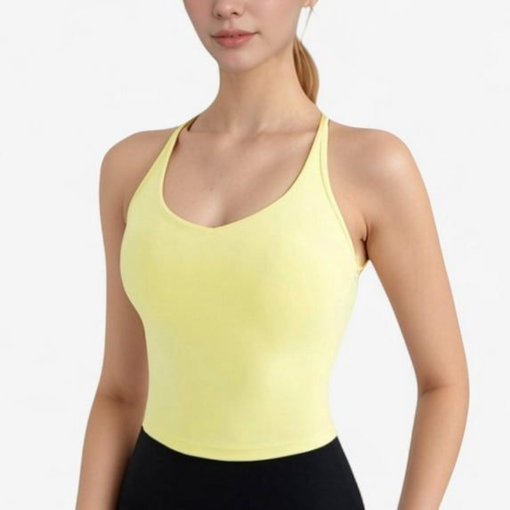 Women's V-Neck Cropped Tank Top with Spaghetti Straps and Built-In Bra for Yoga and Everyday Comfort - X Large, Yellow