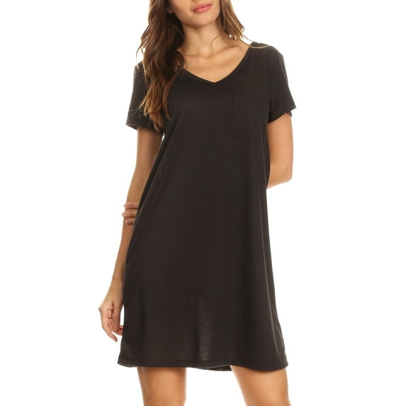 Women?s V-Neck Cross Back Pocket T-Shirt Swing Dress (Black, Large)