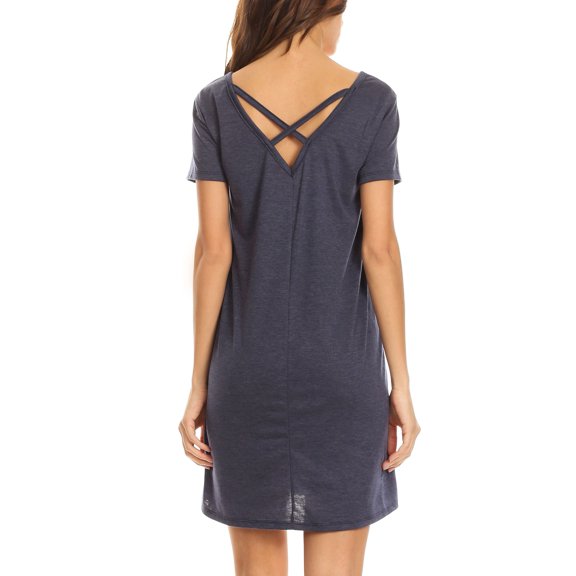 Women?s V-Neck Cross Back Pocket T-Shirt Swing Dress (Navy, Large)