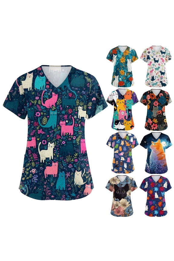 Women's V-Neck Cute Printed Nurse Top Short-Sleeve Nurse Shirt Casual Cat and Dog Pattern Uniform with Pocket