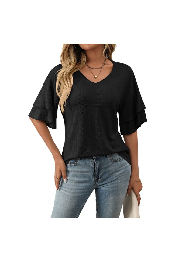 Women's V-Neck Double Layer Ruffle Sleeve Textured T-Shirt