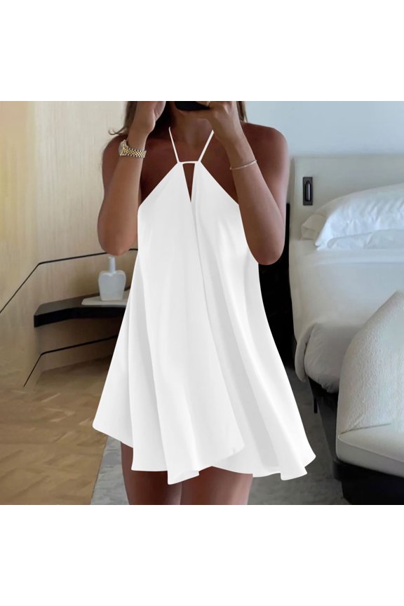 Women's V Neck Dress, Deep Neckline and Back Strap Detail, Flowy A-Line Casual and Club Wear, with Side Pockets